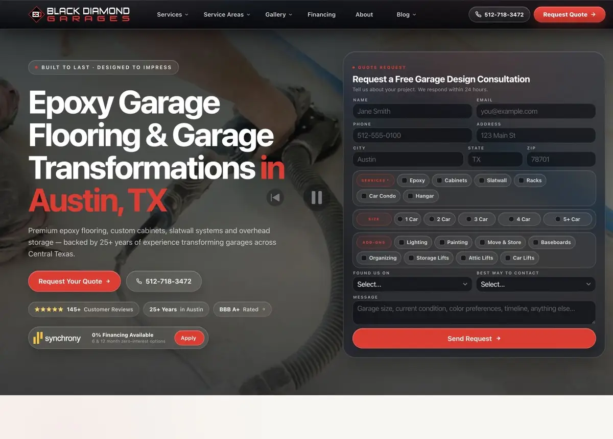 home 31 Black Diamond Garages website designed by The Omni Shot