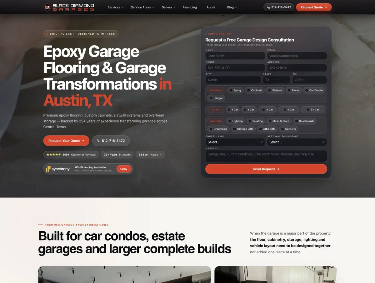 home 32 Black Diamond Garages website